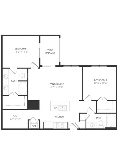 Floor plan for 2 beds, 2 baths, 1171 sqft